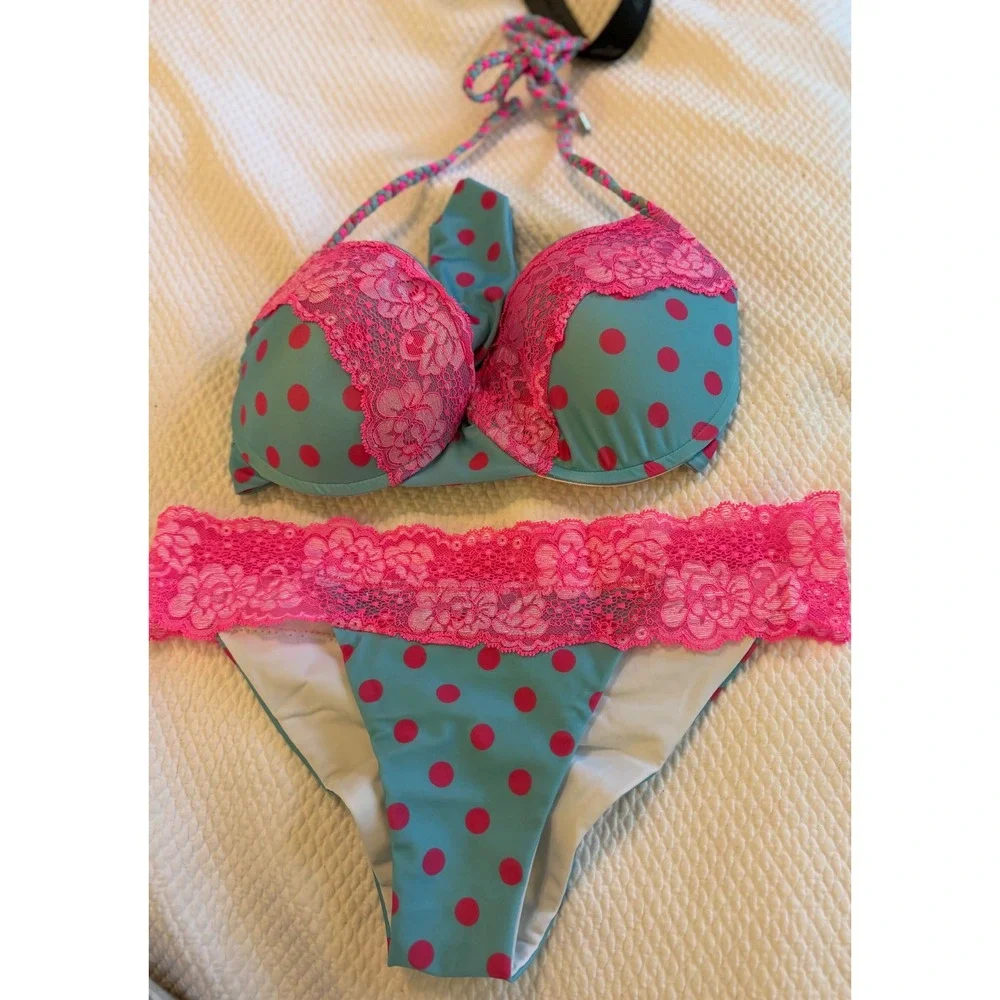 Rare Beach Bunny Polka Dot Lace Bikini Set Teal Pink Halter Top XL Bottom L
